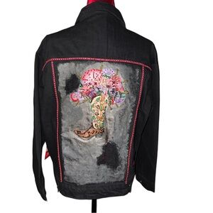 Floral Cowboy Boot Oversized Black Distressed Denim Jacket
